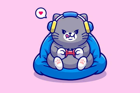 Cute Cat Playing Game Cartoon: Graphics & Illustrations
