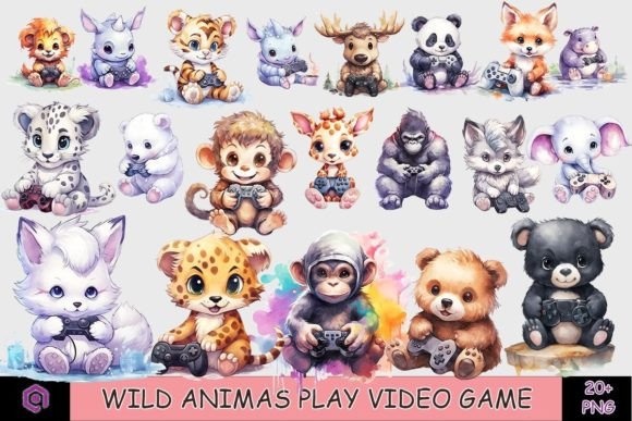 Wild Animals Play Video Game Illustrations